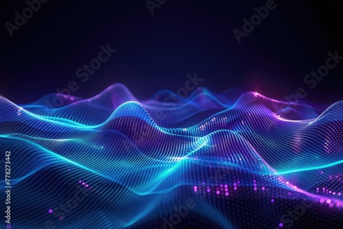 Digital Soundscape: Abstract Grid Pattern with Neon Waves and Light Particles