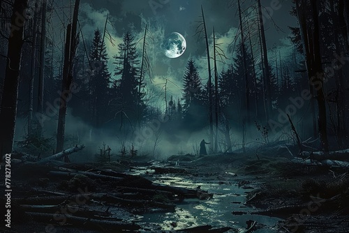 Mystical Moonlit Forest: Silhouette of a Lone Wolf Among Dead Trees