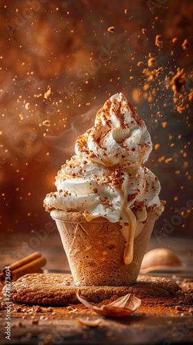 A scoop of pumpkin pie ice cream served in a gingersnap cookie cup, topped with whipped cream and a sprinkle of pumpkin spicedelicious food style, blur background, natural look photo