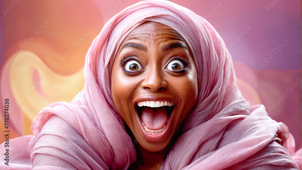 A surprised person in close-up, wearing a headscarf and a pink scarf A surprised person in close-up, wearing a headscarf and a pink scarf