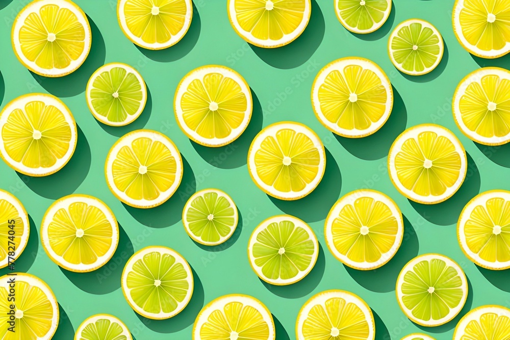 Round slices of lemon forming pattern on a green background