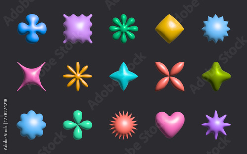 3d vector plastic shapes in 90s style.Abstract cute icons or symbols in y2k aesthetic.Cartoon design elements for banners,social media marketing,branding,packaging,covers