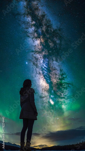 dark silhouette of a woman that stands before a beautiful moving night sky with galaxies and stars © The A.I Studio