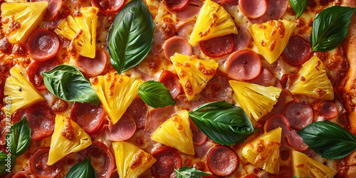 Delicious pizza with pineapple, ham, and pepperoni on a rustic wooden table top view