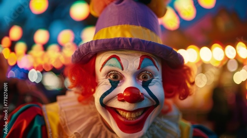 Joy of clowns posing brightly against blurred circus background