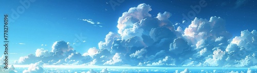 Anime-inspired drawing depicting a clear blue sky with fluffy cumulonimbus clouds. photo
