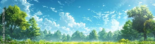 A drawing of a sunny sky and fluffy cumulus clouds with an anime influence. photo
