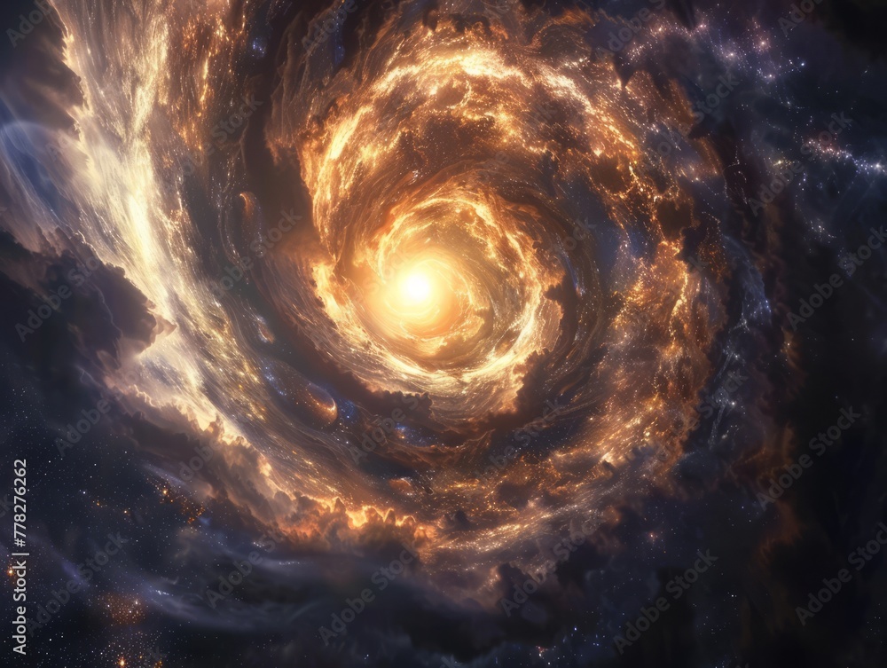 A swirling vortex of gas and dust glows brightly in the center of a galaxy - obrazy, fototapety, plakaty 