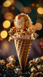 A scoop of salted caramel ice cream served in a caramel-coated cone, topped with caramel popcorn and a sprinkle of sea saltdelicious food style, blur background, natural look