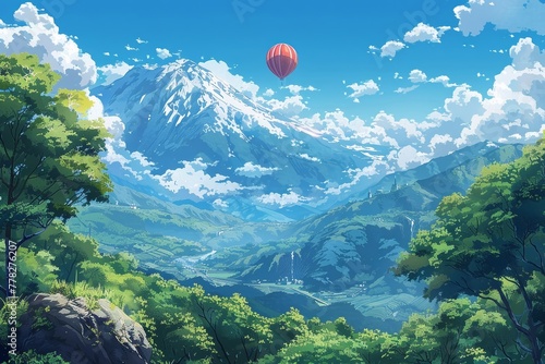 Artistic depiction of a scenic summer sky with fluffy cumulonimbus clouds in an anime-inspired style. photo