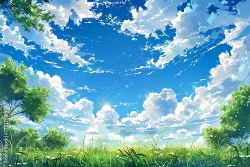 A manga-inspired drawing featuring a serene summer sky filled with fluffy cumulus and nimbus clouds. photo