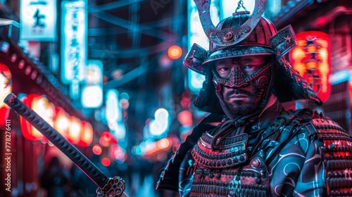 Samurai, dressed in armor, holding a shining sword in his hands against the background of a Japanese cityscape