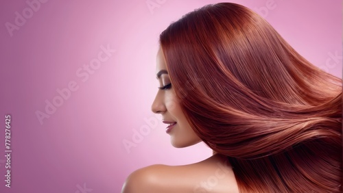  A woman's long red hair is displayed against a pink background