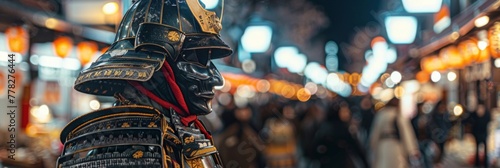 Japanese samurai, in full armor, standing against the backdrop of a noisy night market in a modern Japanese metropolis photo