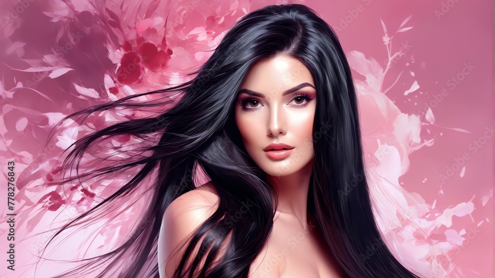 Digital painting of a stunning woman with lengthy black tresses adorned by flowers, against a pink backdrop Digital painting of a stunning woman with lengthy black tresses adorned by flowers, against a pink backdrop