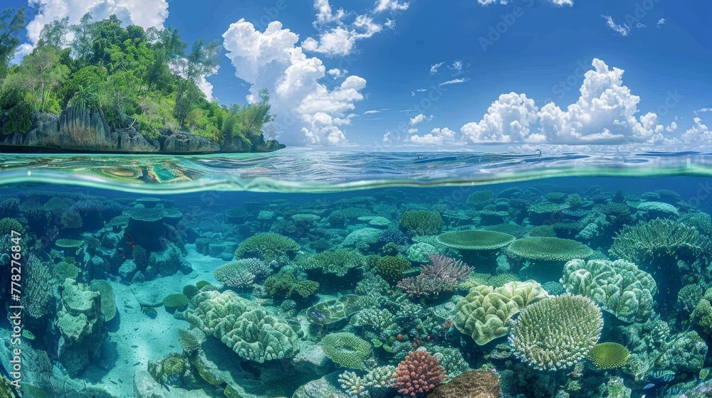 A beautiful blue ocean with a coral reef in the background. The water is clear and the coral is colorful