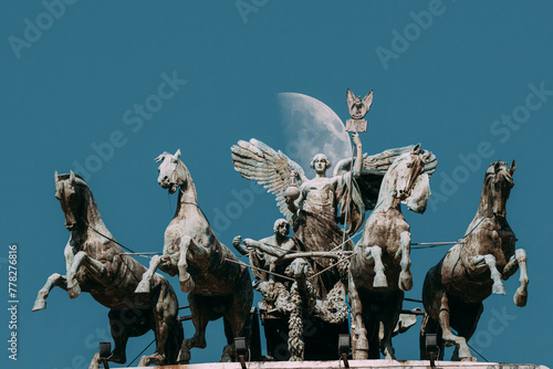 Rome, Italy. Great Bronze Quadriga On Summit Of Palace Of Justice. photo