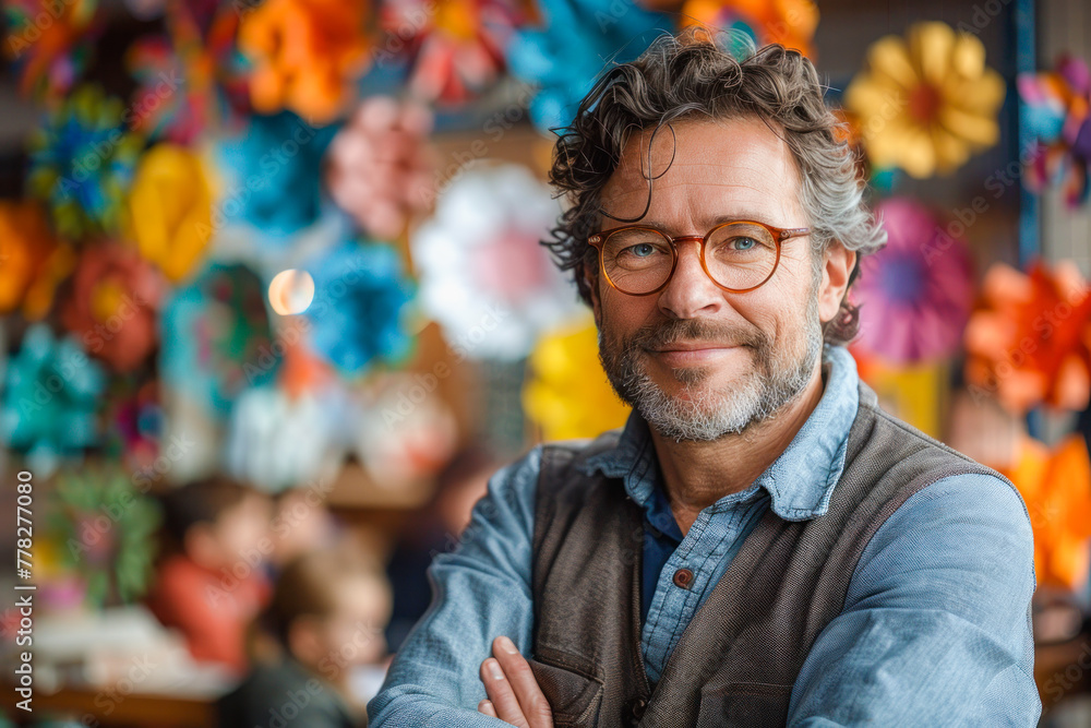 A man teacher with glasses staying smiloing in front of classroom , school children on background . Education concept , copy space A man teacher with glasses staying smiloing in front of classroom , school children on background . Education concept , copy space