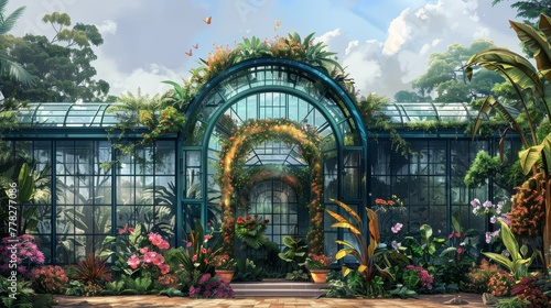 A large greenhouse with a green archway and a lot of plants. The greenhouse is filled with flowers and plants, and there are butterflies flying around