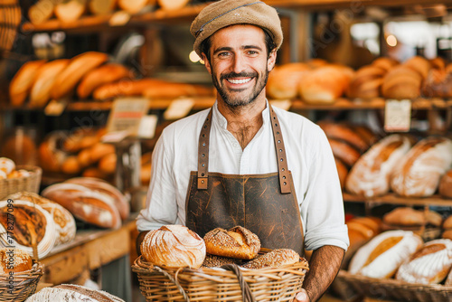 A happy baker man with a warm smile, wearing a flour-dusted apron and a baker's hat, presenting a basket of assorted breads in a rustic bakery, Loca and fresh food concept.