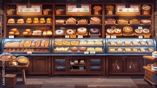 A bakery with a variety of pastries and breads on display. Scene is warm and inviting, with the pastries arranged in an appealing manner