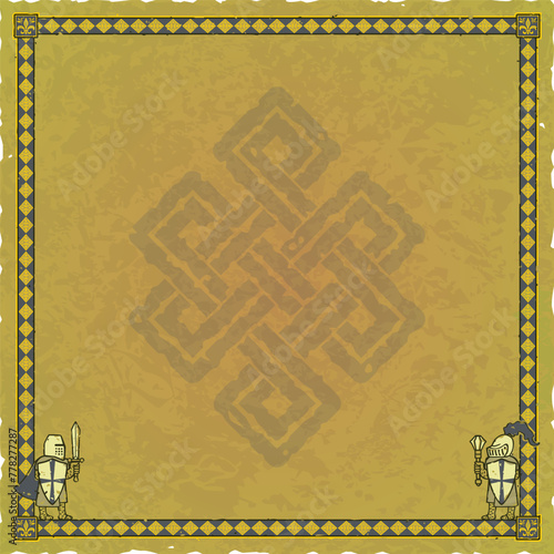 Green Parchment with Medieval Knights, Ornate Frame, Infinity Knot