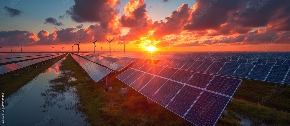 solar power plant and wind generator ith photovoltaic panels and electric turbine at sunset