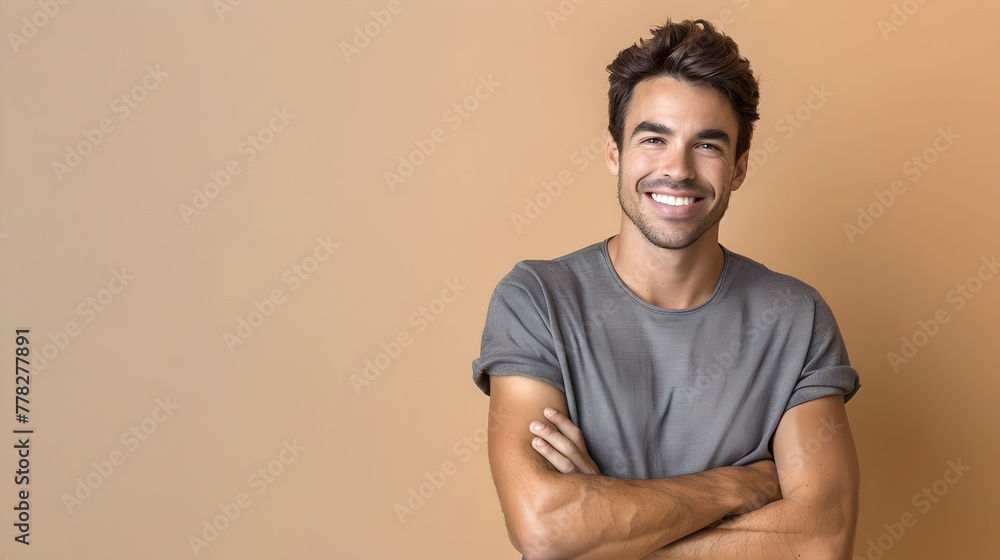 Confident young man smiling with arms crossed against a neutral background. Casual style, contemporary portrait. AI Confident young man smiling with arms crossed against a neutral background. Casual style, contemporary portrait. AI
