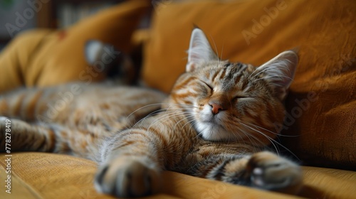 A cat is sleeping on a couch. The cat is smiling and has its eyes closed