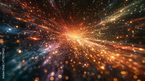 A bright, colorful explosion of light and color. The image is a representation of a starburst, with many bright, glowing particles scattered throughout the frame. The colors are vibrant and dynamic