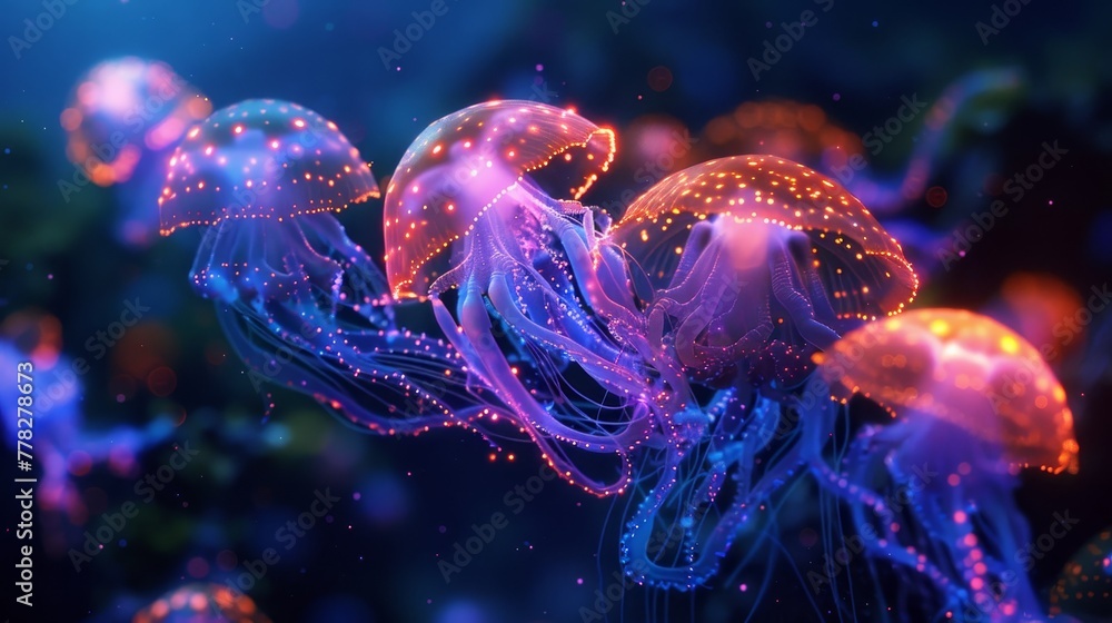 A group of jellyfish with purple and orange colors. The jellyfish are floating in the water A group of jellyfish with purple and orange colors. The jellyfish are floating in the water