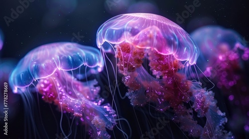 A group of jellyfish with purple and pink colors. The jellyfish are floating in the water
