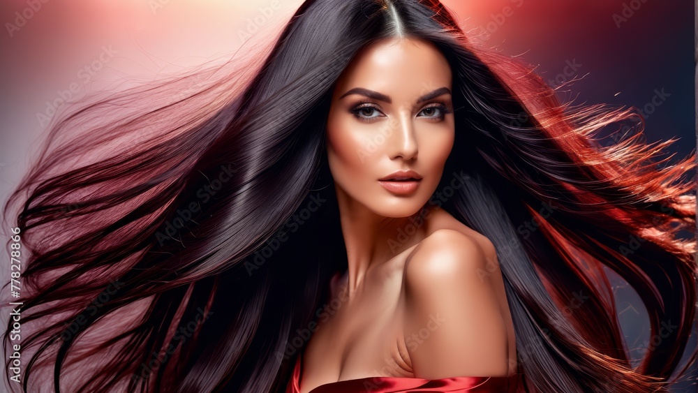 A woman in a red dress with long black hair poses for a photo, hair billowing in the wind A woman in a red dress with long black hair poses for a photo, hair billowing in the wind
