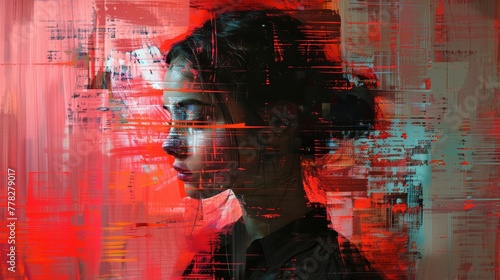 A woman's face is blurred and distorted, with red and orange tones dominating the image. The woman's face is the main focus of the painting, and the blurred effect gives the impression of movement