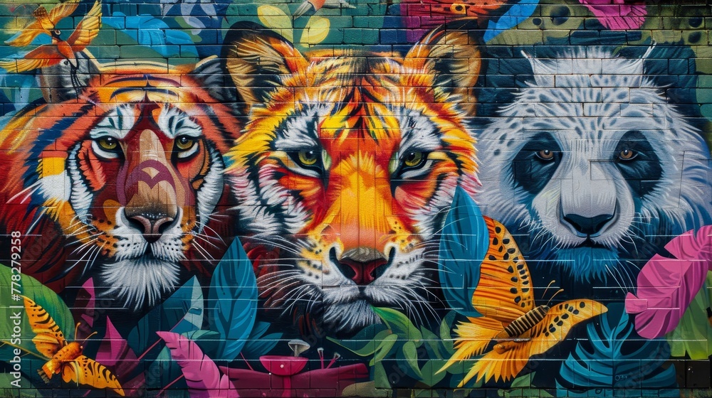 Three tiger faces are painted on a wall with a panda face in the middle. The wall is decorated with leaves and flowers Three tiger faces are painted on a wall with a panda face in the middle. The wall is decorated with leaves and flowers