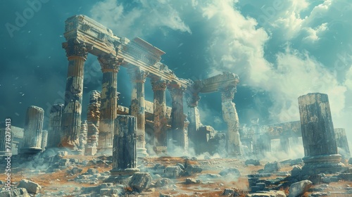 A desolate landscape with ruins of a temple and a cloudy sky. The ruins are in a state of decay, with some of the columns missing. The sky is overcast, adding to the sense of abandonment
