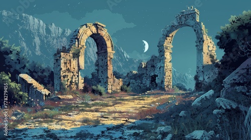 A desolate landscape with a moon in the sky and two arches. The arches are old and worn, and the sky is dark and cloudy. Scene is one of loneliness and abandonment