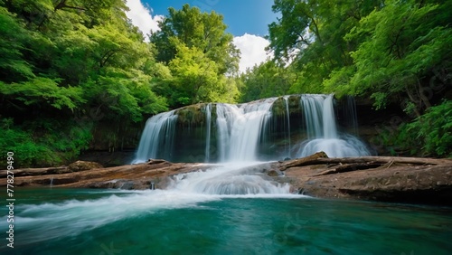 A vibrant summer background with a cascading waterfall