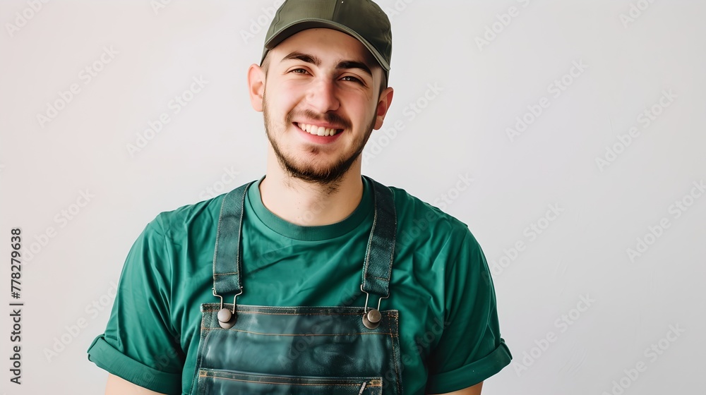 Smiling young man in overalls and cap against a white background. Casual style, approachable, ideal for lifestyle content. AI Smiling young man in overalls and cap against a white background. Casual style, approachable, ideal for lifestyle content. AI