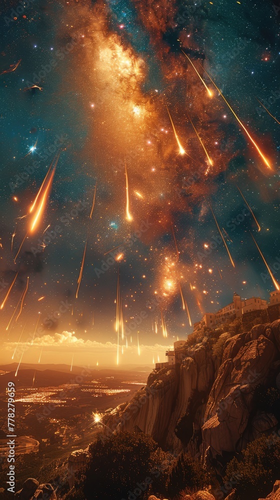 scattered meteors strike over a hill, beautiful and breathtaking, epic scenery, illustration made with Generative Ai scattered meteors strike over a hill, beautiful and breathtaking, epic scenery, illustration made with Generative Ai