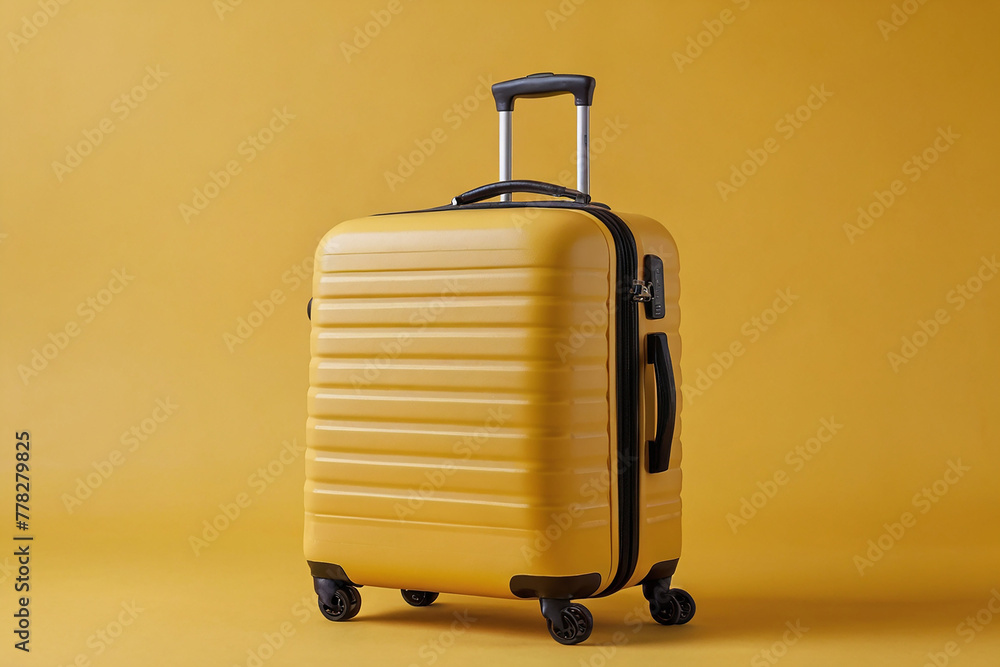 Yellow suitcase on a yellow background. Travel concept. Place for text. Yellow suitcase on a yellow background. Travel concept. Place for text.