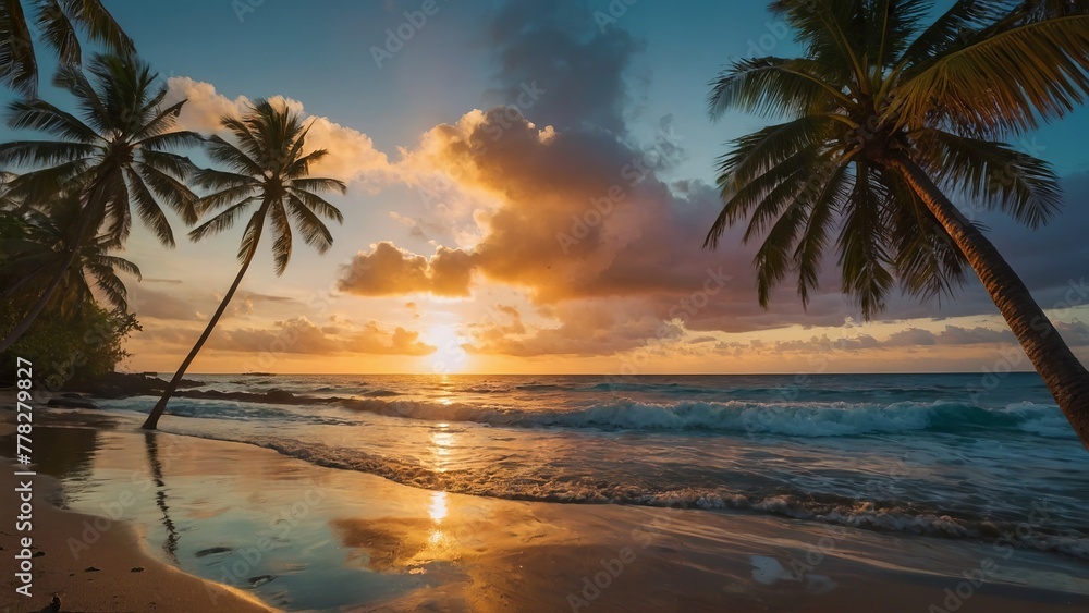 A vibrant sun setting over a sandy beach