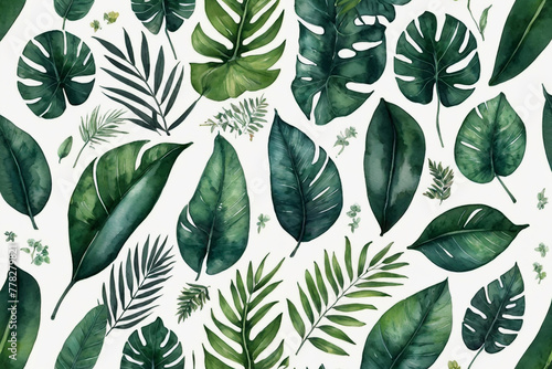 Seamless pattern with tropical leaves. Hand drawn watercolor illustration. photo