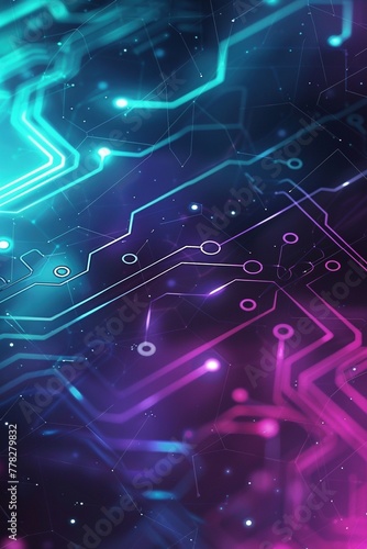 A futuristic digital landscape with a dark blue base and light blue highlights, featuring a mint green circuit pattern illuminated by a purple neon light