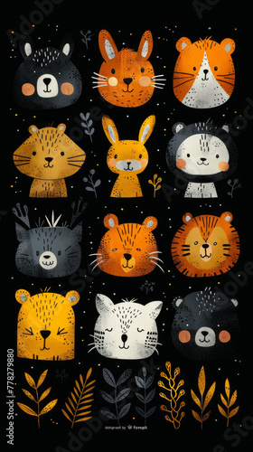 A collection of animal faces, including bears, cats, and rabbits, are drawn in a black and gold color scheme
