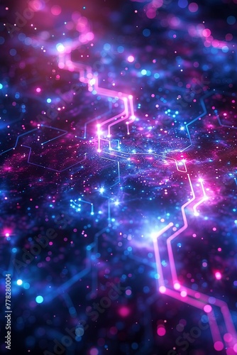 A futuristic digital landscape with a dark blue base and light blue highlights, featuring a mint green circuit pattern illuminated by a purple neon light