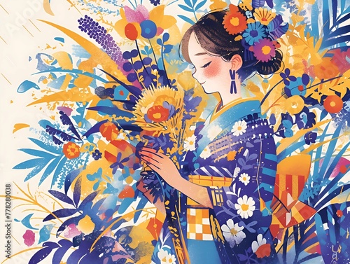 Woman in Kimono Admiring Floral Abundance 