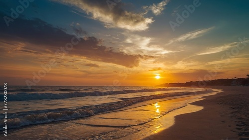 A vibrant sun setting over a sandy beach © Interactify