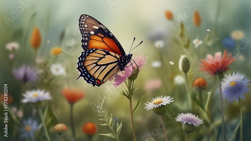 A whimsical butterfly fluttering through a field of wildflowers