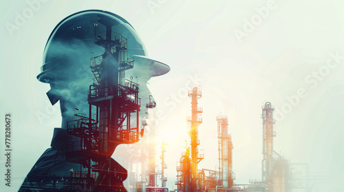 Engineer Contemplating Industrial Complex Double Exposure
. A thoughtful engineer's profile merged with an industrial complex image, evoking themes of industry, innovation, and planning.
